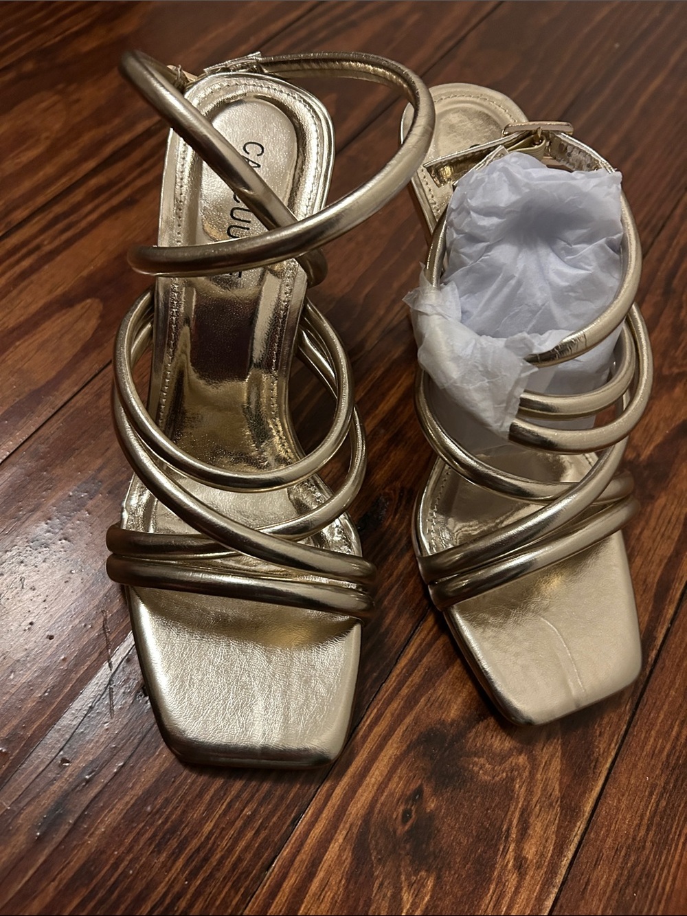 Caparros Gold Strappy Square-Toe Heeled Sandals
